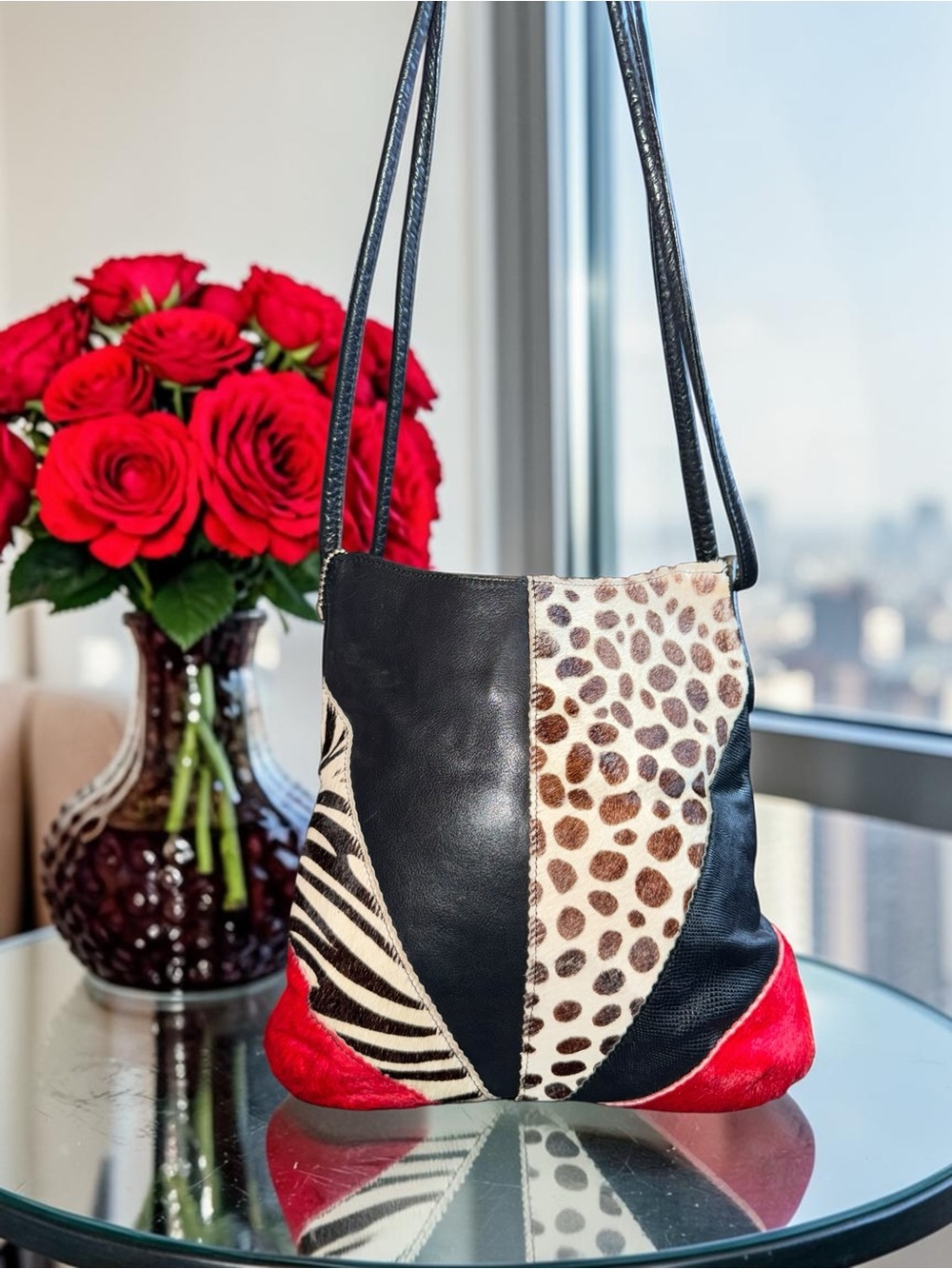 Leatherock USA Black & Red Animal Print Calf Hair Shoulder EUC